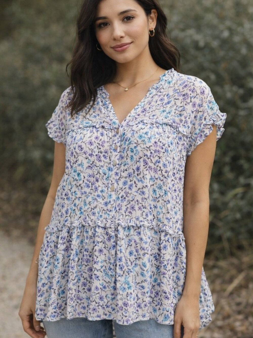 Jane + Delancey Floral Blouse L Blue Purple Rayon Lightweight Top